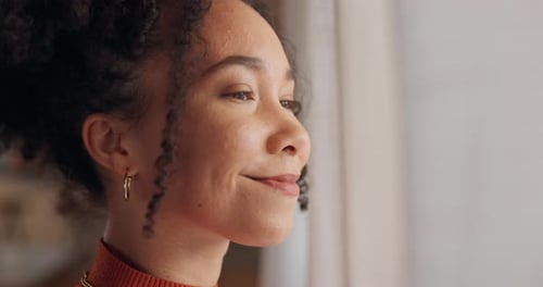 Woman, reflection and smile by window in home, curtains or inspiration to start morning