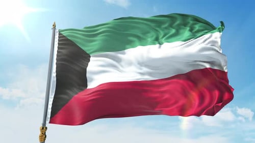 Realistic Waving Kuwait Flag Against Blue Sky