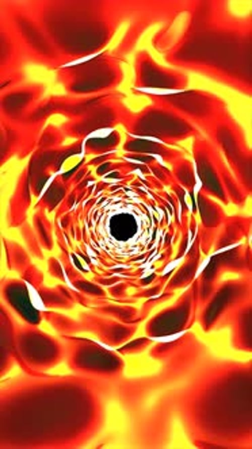 Abstract glowing tunnel of swirling fire-like patterns, intense red and yellow hues radiating energy