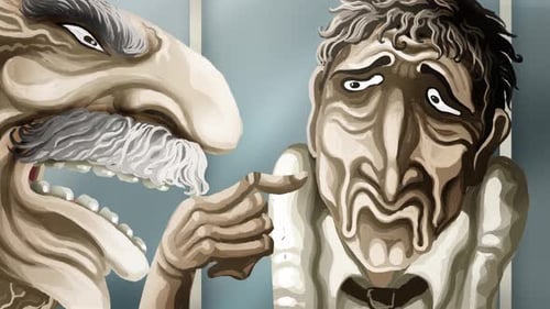 angry boss micromanaging and yelling at frightened office employee