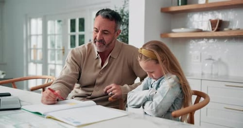Dad, child and refuse homework in home for learning disability, academic frustration or difficulty