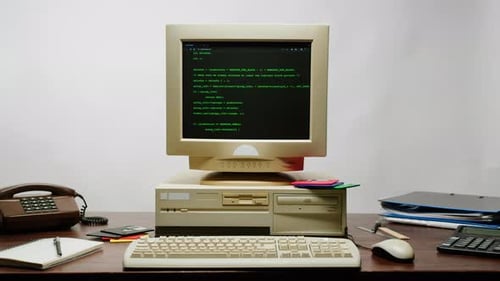 Retro Pc with Loading Code Console Programmer Making Scripts Green Basic Screen Old Computer Studio