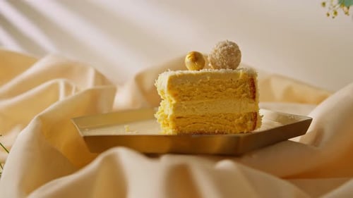 Elegant Golden Cake Slice on Display