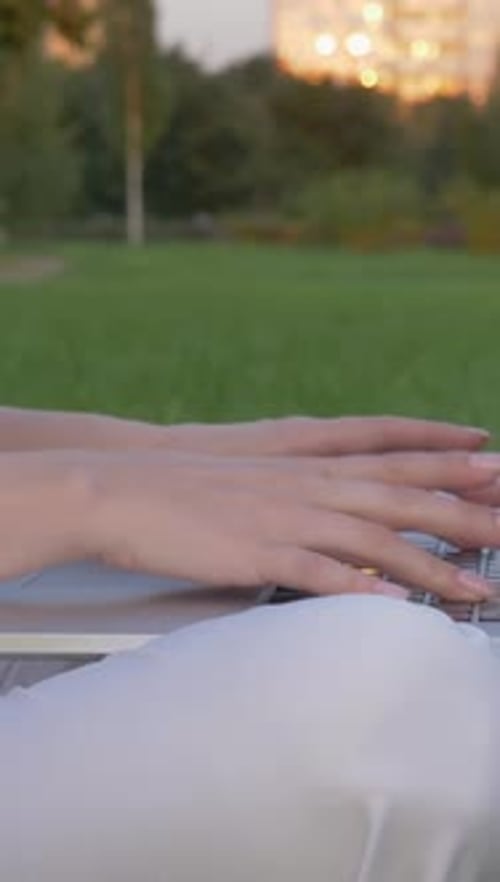 Woman Working on Laptop Outdoors in the Grass