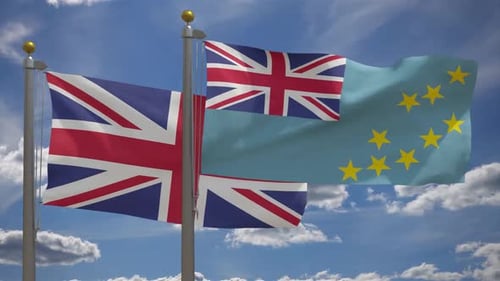 Realistic UK and Tuvalu National Flags Waving Against Blue Sky