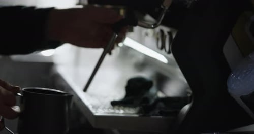 Professional Barista Using Automatic Coffeemaker In Cafeteria For Cooking Americano Or Espresso