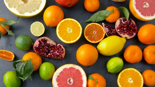 Colorful Citrus Fruit Variety Displayed Overhead Close Up
