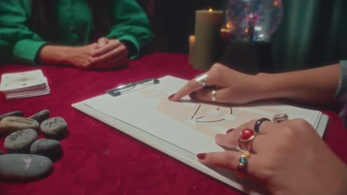 Healer Pointing at Chakra Chart during Session