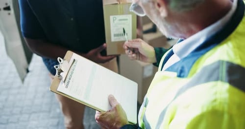 Man, hands and delivery with signature for box, package or supply chain in transportation service