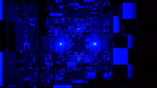 Deep Blue Futuristic Tunnel With сubes And A сhessboard Background Vj Loop In 4K