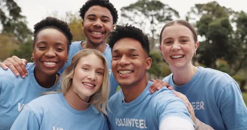 Heart, volunteer and selfie of people in park for charity event, community service and teamwork