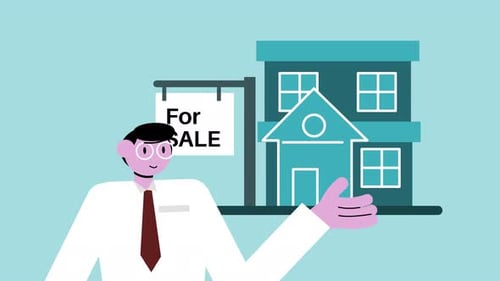 Flat Design Animation of Real Estate Agent and House for Sale