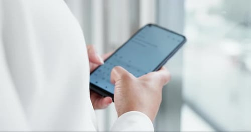 Phone, typing on screen and business person in office online for agenda, social media and schedule