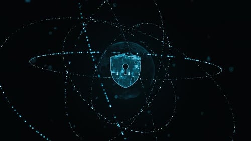 Blue security shield logo with particle ring circle rotation and earth with ai technology icons