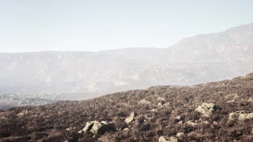 Fantastische Aufnahme einer felsigen Landschaft, die teilweise mit Gras im Nebel bedeckt ist