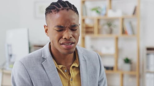 Mental health, headache and black man stress over office burnout, work project