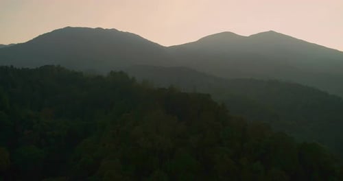 Drone Flying Over Tropical Mountain Forest with Rolling Morning Mist