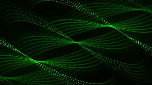 Seamless loop animation of abstract curve form made of glowing green dots on a dark background
