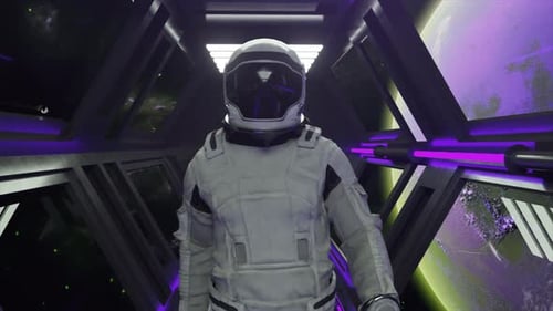 Technology and Future Concept Astronaut Walking in Spaceship Tunnel Scifi Shuttle Corridor Purple