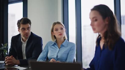 Businesswoman Talking Corporate Briefing Presenting Strategy at Laptop Closeup