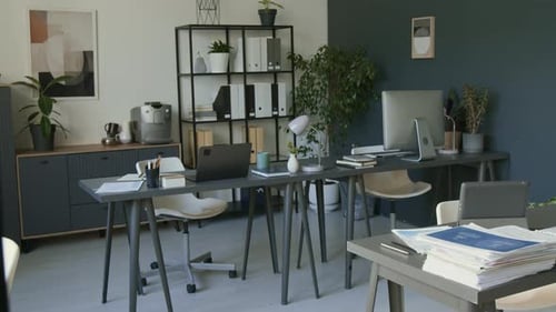 Interior of Modern Minimalist Office with Organized Workplaces