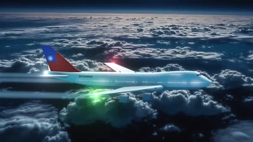 Commercial Airliner Passanger Plane Jumbo Jet Flying At Night Over Clouds With Country Flag Myanmar