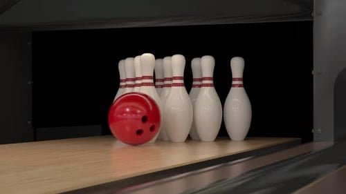 Bowling Scene with Red Ball and Scattered Pins
