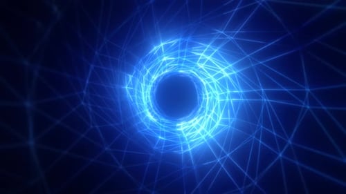 Bright blue abstract tunnel made of intersecting neon lines forming a geometric vortex