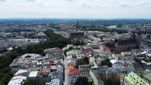 Panoramic cityscape of Krakow from drone view
