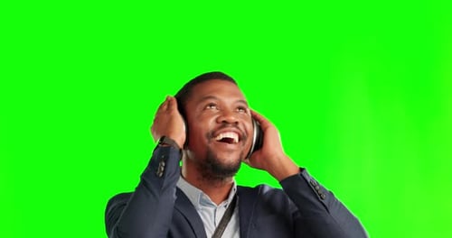 Music, happy and dance with black man on green screen for streaming, audio and media