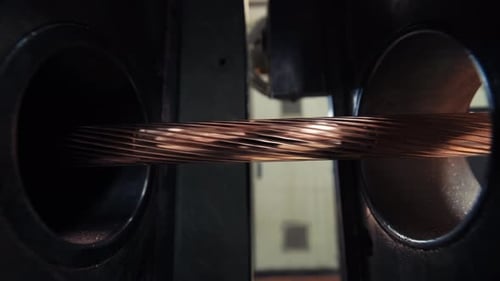 Cable Factory. Copper cable production process in a modern factory. Cable twisting machine. 4K
