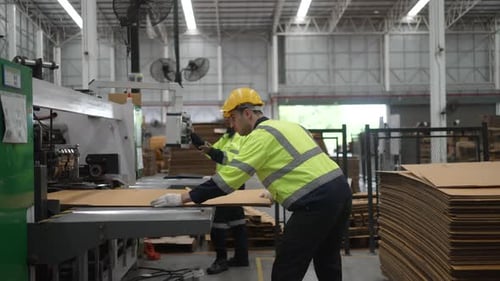 Blue collar worker and cardboard package factory.