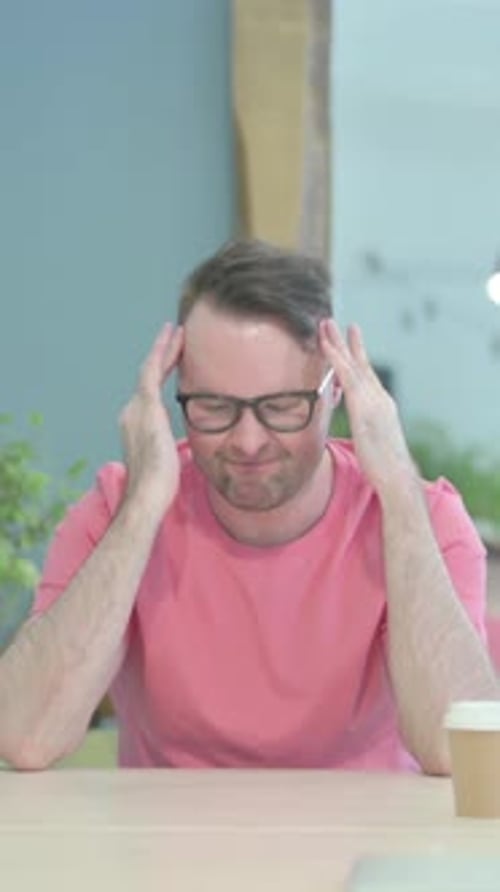 Man with Headache Rubbing Temples Indoors at Table