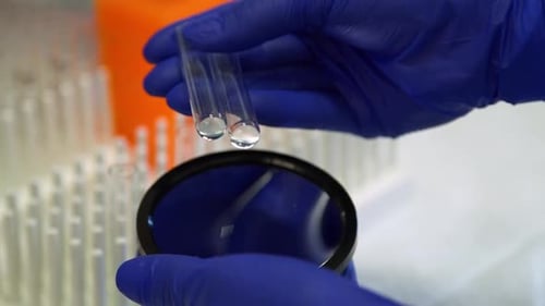 Des mains gantées en latex bleu ramassent et inspectent de petits tubes à essai tout en les tenant au-dessus d'un miroir