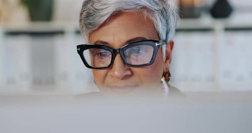 Woman with Gray Hair Working at Computer
