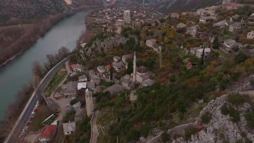 Aerial view of Pocitelj Fortress and Neretva River, Bosnia and Herzegovina.