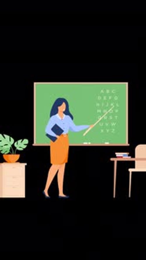 Young Female Teacher On Lesson At Blackboard In Classroom On Vertical On Alpha Channel