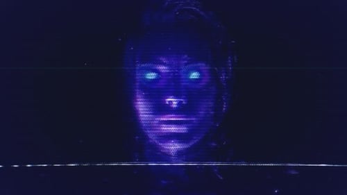 Digital Human Face Glitch Scan with Glowing Eyes