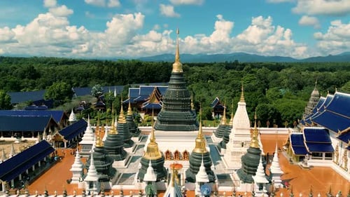 4K Cinematic nature aerial drone footage of the beautiful temple of Wat Ban Den next to Chiang Mai,