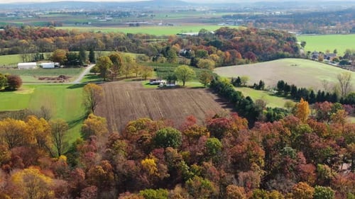 Disparo con un camión aéreo. Paisaje con colorido follaje otoñal. Tierras de cultivo y bosques, los bosques salpican la r