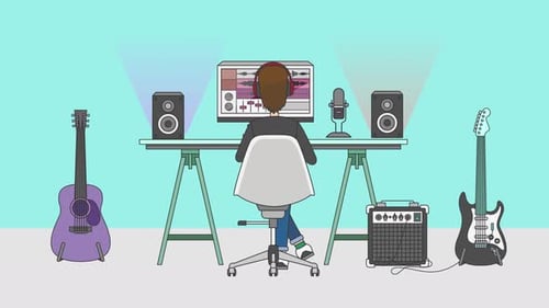 Flat Design Home Music Studio Animation with Audio Producer