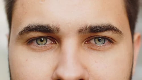 Extreme Closeup Macro Portrait of Young Face Bearded Man's Eyes Looking at Camera Smiling