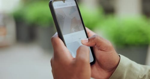 Cellphone, hands and person with online research for job, technology and typing on recruitment app