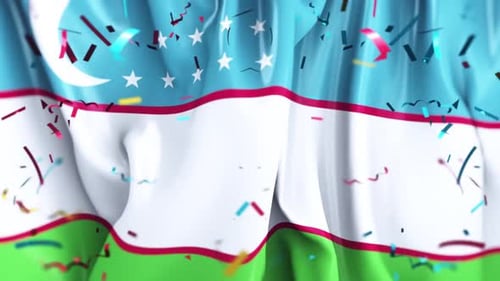 Uzbekistan Flag Waving with Confetti for National Celebrations