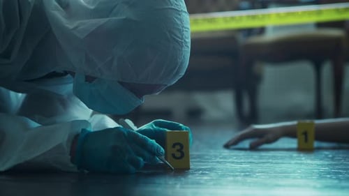 Crime Scene Investigator Examines Evidence on the Floor