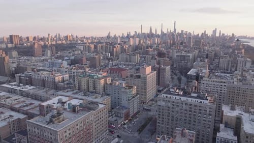 Aerial view of the New York City skyline at dusk