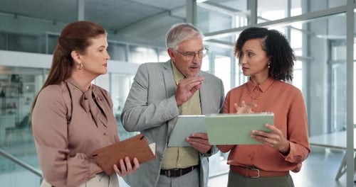 Tablet, meeting and planning with business people in office for coaching, idea and advisor