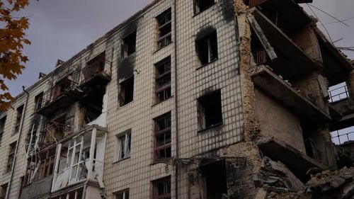 Demolished Multistorey House Outdoors on Autumn Cloudy Day in Kyiv Ukraine