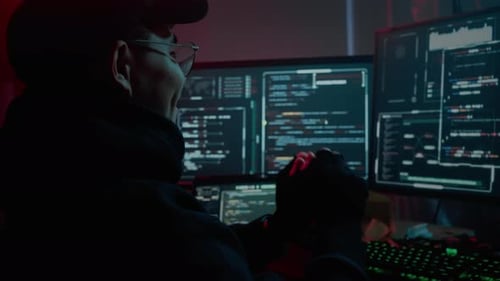 Un hacker asiatique se réchauffe les bras et le cou lors d'une cybercriminalité