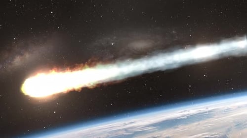 Burning Meteor Falling to Earth Through Space Atmosphere